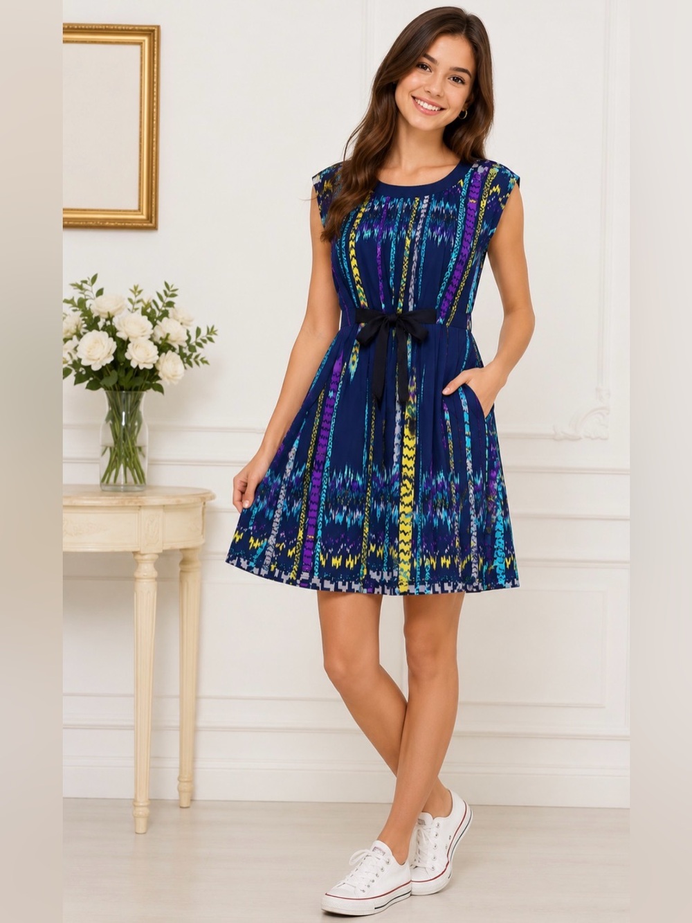 BeBop Fit & Flare Dress Womens Large Geometric Belted Dolman Y2K Boho Cottage